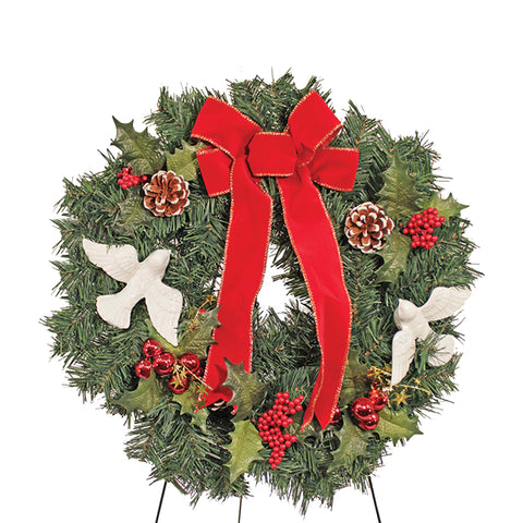 20 - Deluxe White Dove Wreath w/Red Bow and Pinecones