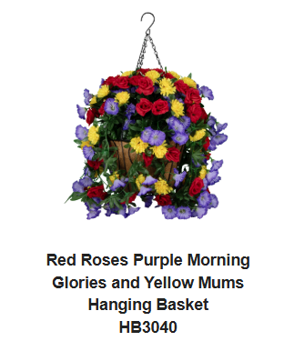 Red Roses Purple Morning Glories and Yellow Mums Hanging Basket (HB3040)