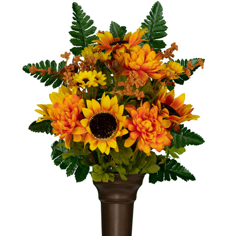 F6 - Deluxe  Yellow Sunflower and Amber Mum Crypt Vase